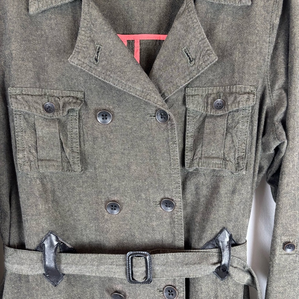 DKNY Olive Linen Trench Jacket w\ Belted Waist 4 Pockets 3/4 Sleeve Roll | Small - Picture 6 of 16